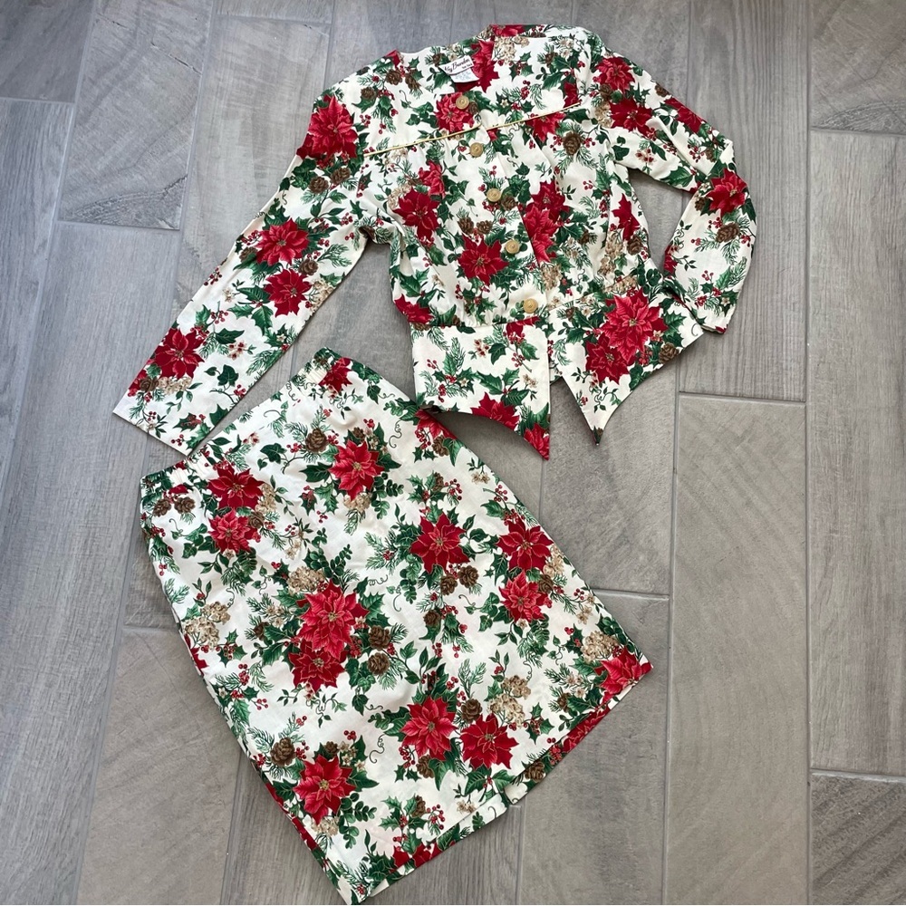 Vintage Christmas Poinsettia 2 piece Set Skirt Holiday Party Suit Size 10